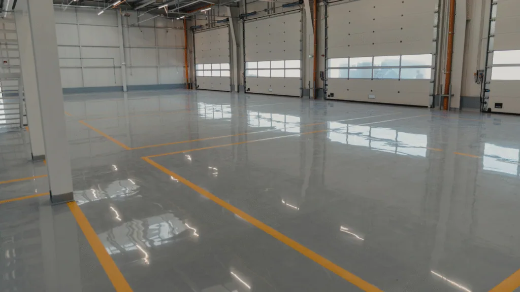 A polished resin-coated warehouse floor