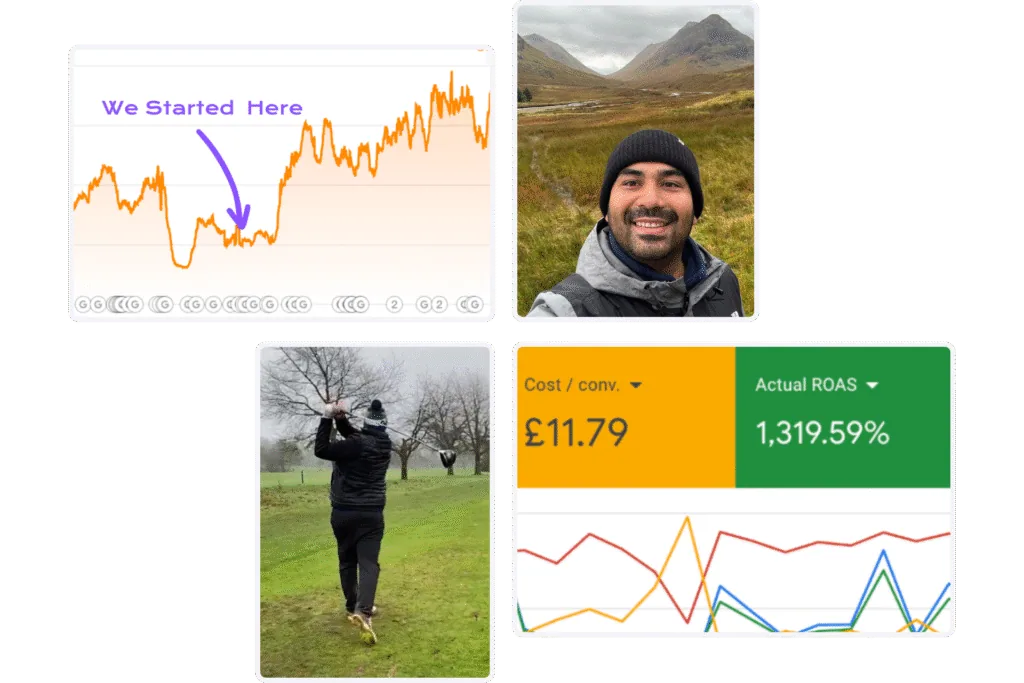 Nigel Adams hiking in the Scottish Highlands and playing golf, alongside organic traffic and Google Ads ROAS results