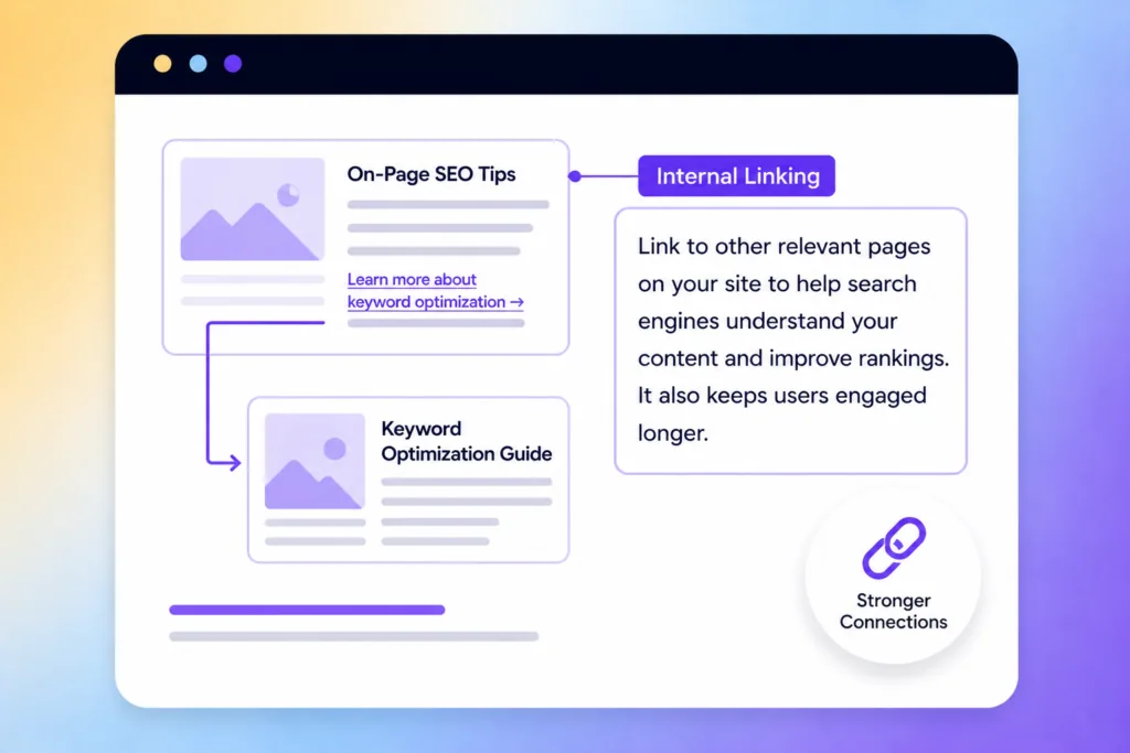 Illustration of internal linking: an on-page SEO tips article linking to a keyword optimisation guide, with a stronger connections badge