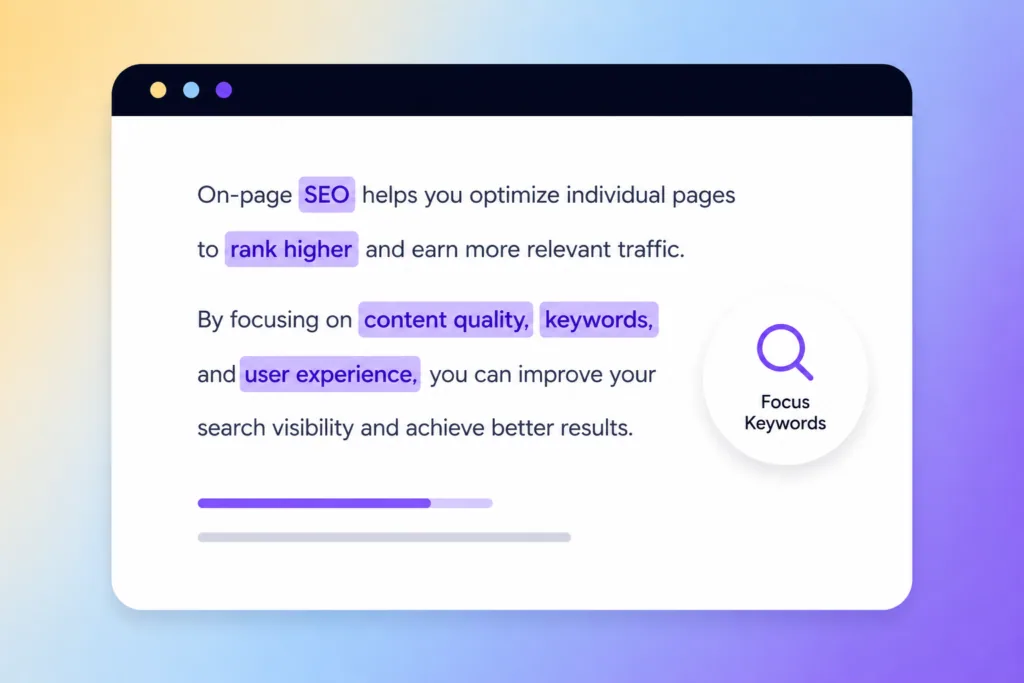 Illustration of on-page SEO: a page of copy with SEO, rank higher, content quality, keywords and user experience highlighted, beside a focus keywords badge